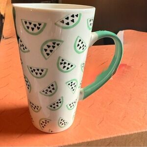 White Ceramic Mug with Green Watermelon Slice Pattern and Green Handle